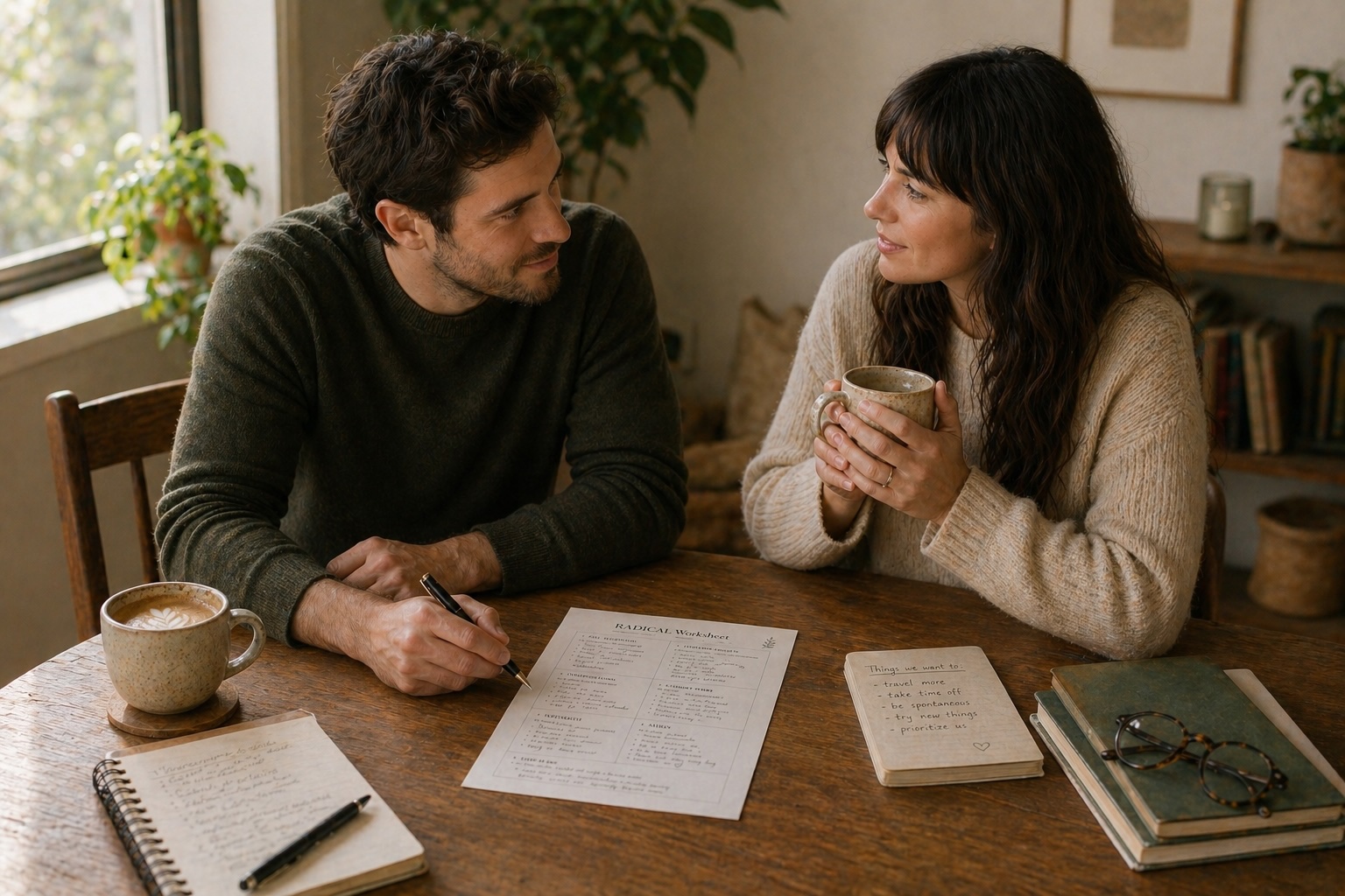 A couple sitting together during a RAD:ICAL relationship agreement session
