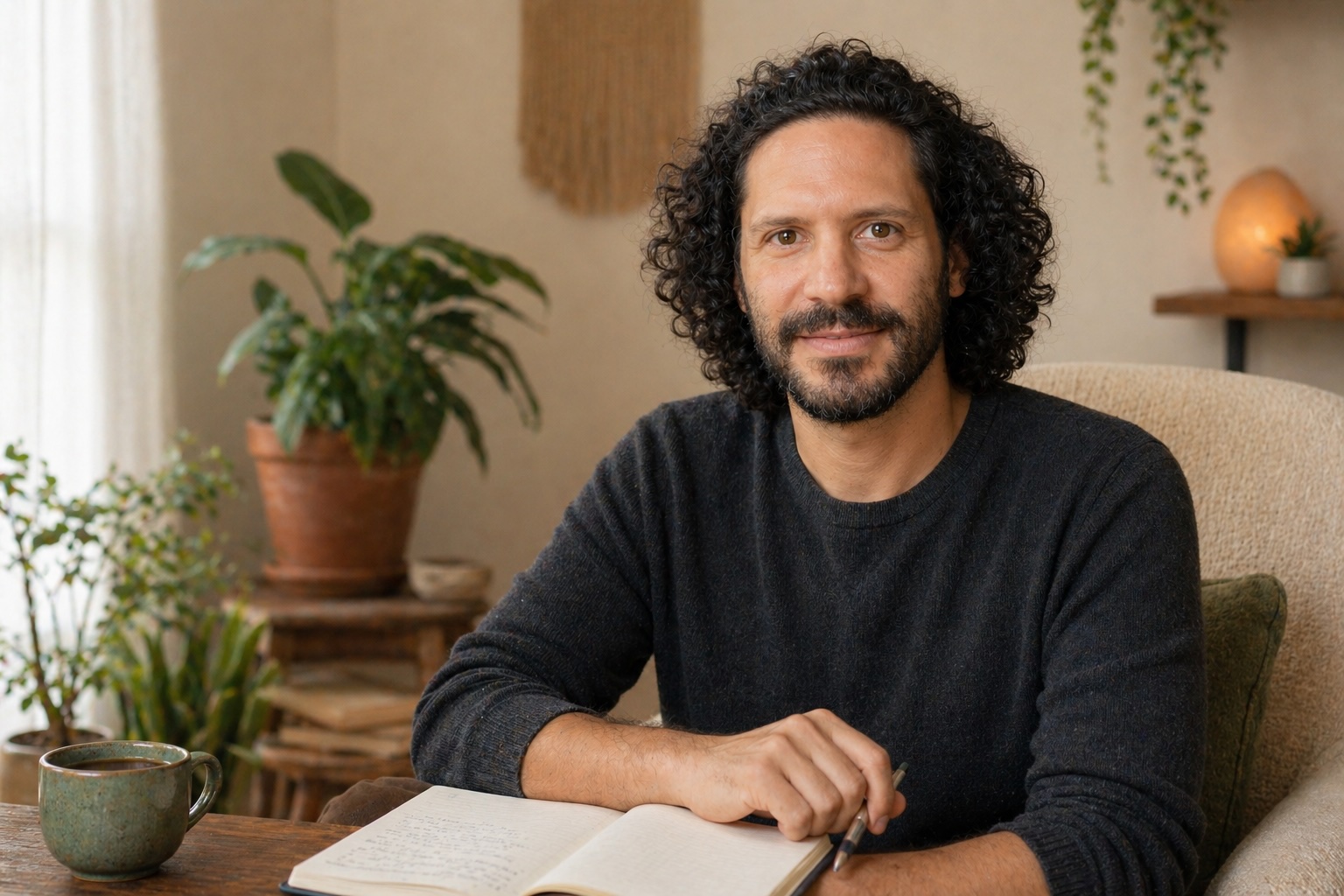 Newen sitting at a desk with a warm drink, an open notebook, and a pen