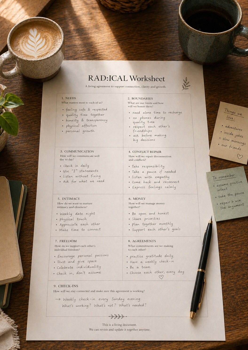Relationship Agreement Document worksheet on a warm desk