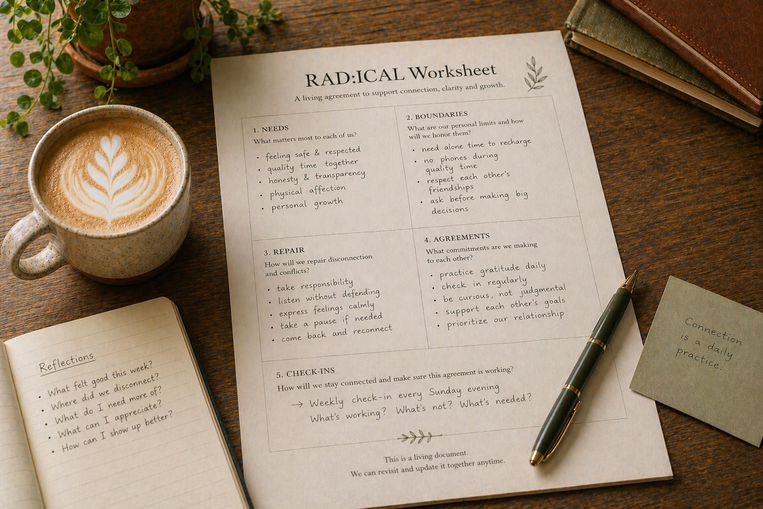 Relationship Agreement Document worksheet on a warm desk